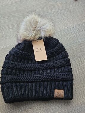 C.C Black Knit Beanie with Faux Fur Pom
